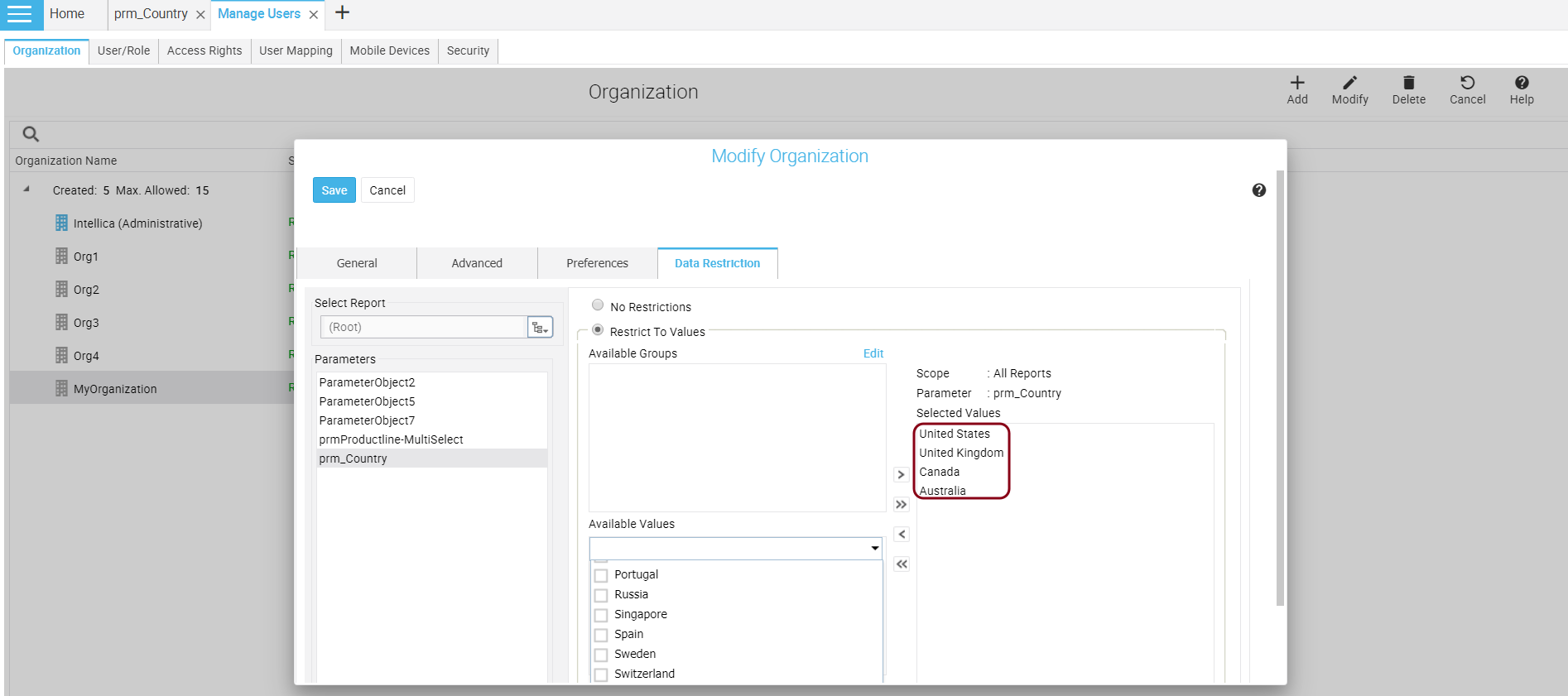 Data Restriction on Organization